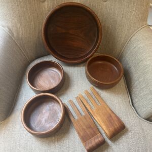 Vintage Genuine Teak Wooden Bowls Set of 6 Mid Century Thailand Salad Set Tongs